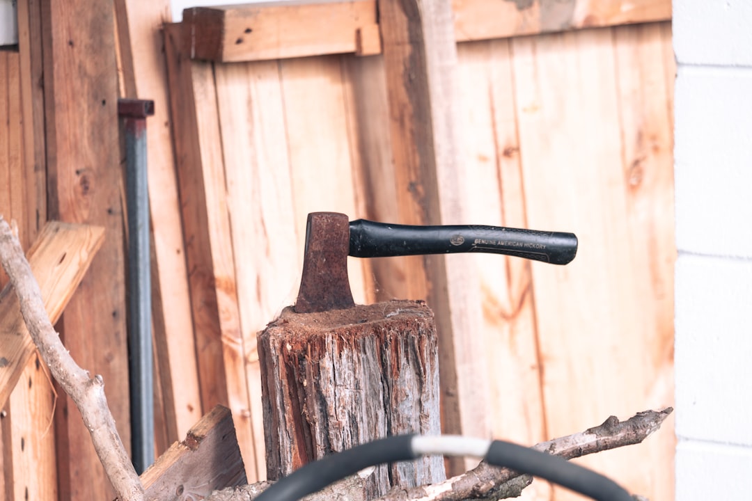 An axe with a black handle is embedded in a tree stump, surrounded by wooden planks and logs in a workshop or shed setting.