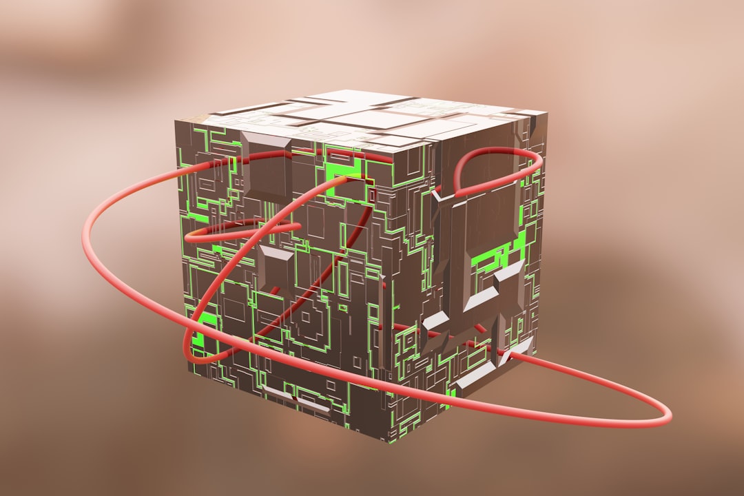 A futuristic cube with a circuit-like pattern and glowing green lines, surrounded by looping red wires, floats against a blurred brown background.