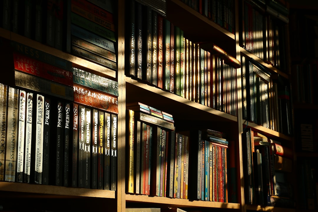 Sunlight streams through a window, casting striped shadows across several shelves full of books in a library or bookstore, creating a warm and cozy atmosphere.